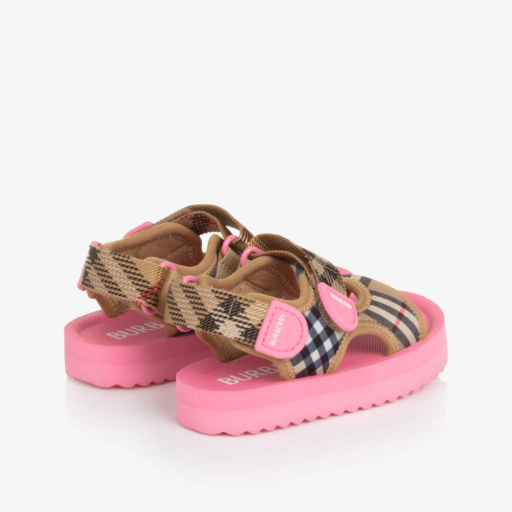 Burberry-Baby Girls Beige & Pink Burberry Check Velcro Sandals | Childrensalon