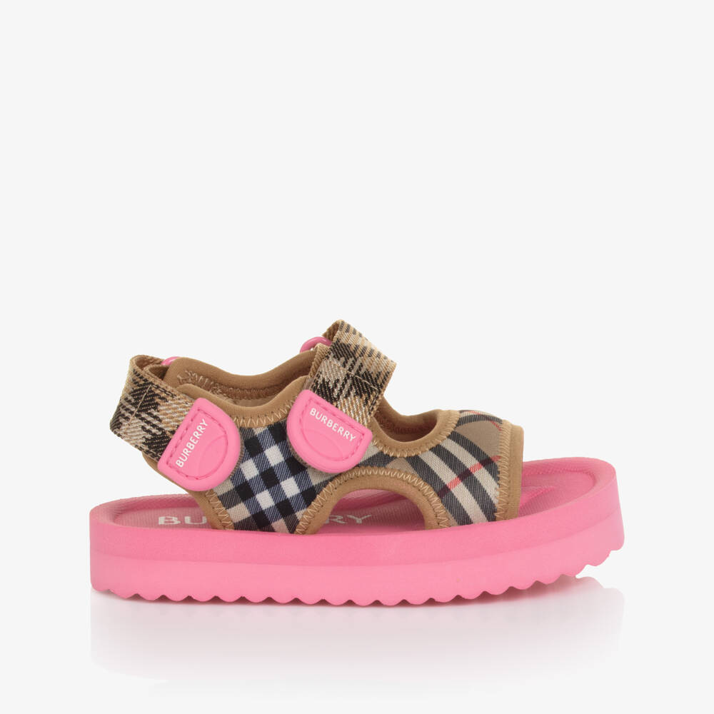 Burberry-Baby Girls Beige & Pink Burberry Check Velcro Sandals | Childrensalon