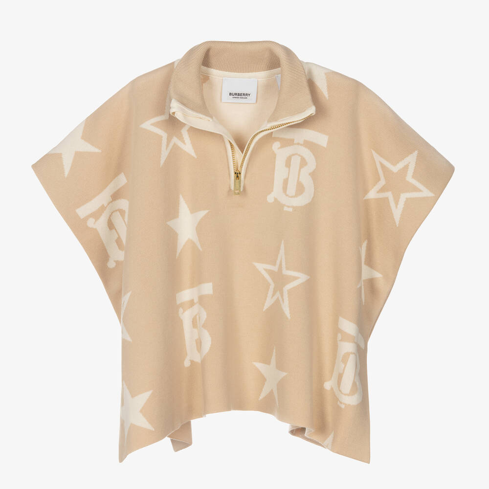Burberry-Baby Girls Beige TB Logo Knitted Cape | Childrensalon