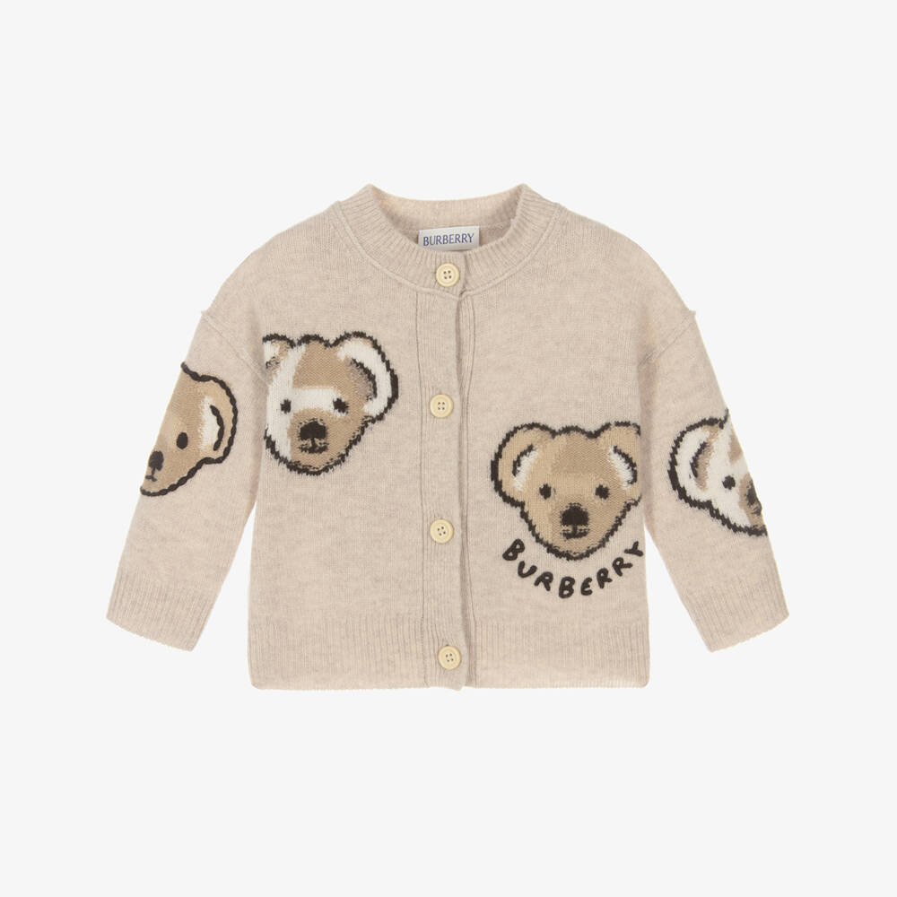 Burberry-Baby Girls Beige Wool Knit Thomas Bear Cardigan | Childrensalon