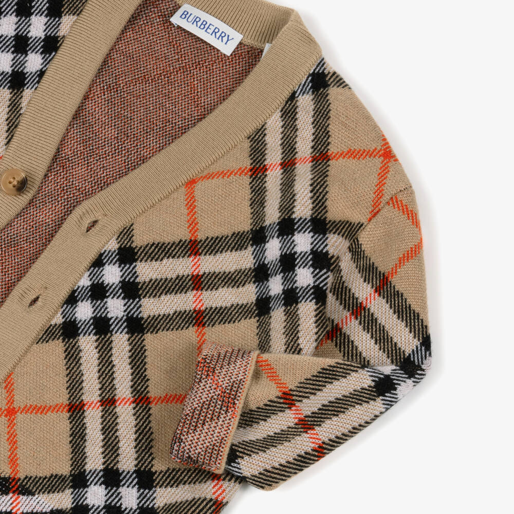 Burberry-Baby Girls Beige Wool V-Neck Burberry Check Cardigan | Childrensalon