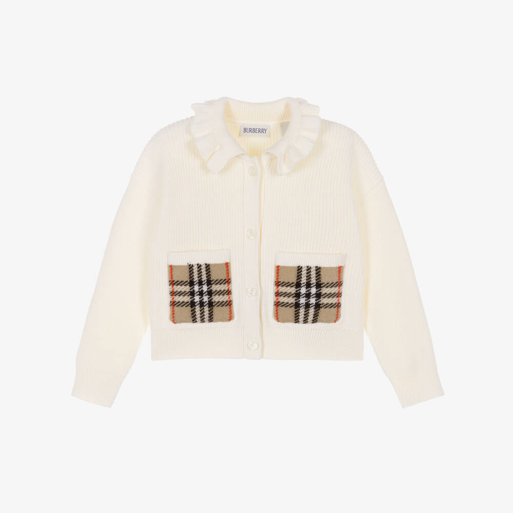 Burberry-Кардиган кремовый из хлопка и шерсти с клетчатыми карманами для малышек | Childrensalon