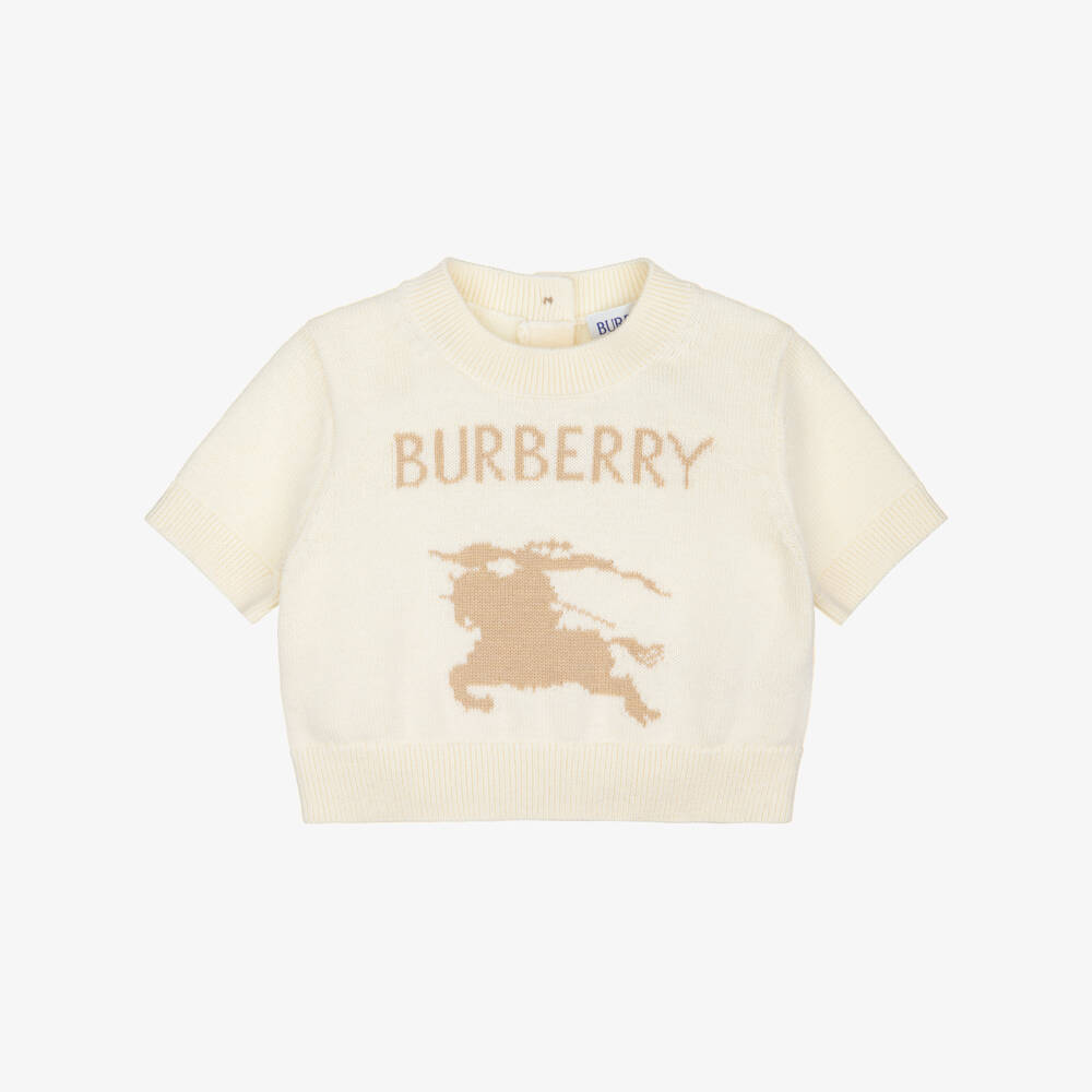 Burberry-Baby Girls Ivory Cotton & Wool Short-Sleeve EKD Sweater | Childrensalon