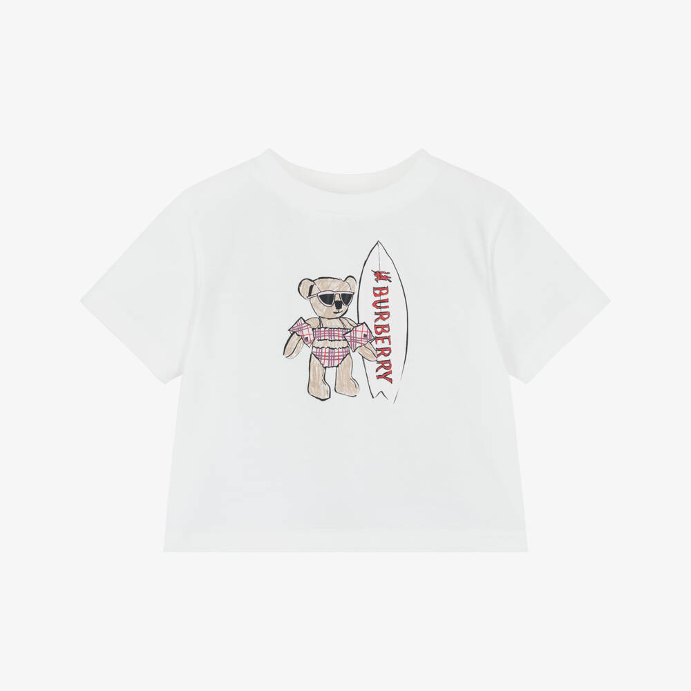 Burberry-Baby Girls Ivory Thomas Bear Print Cotton T-Shirt | Childrensalon
