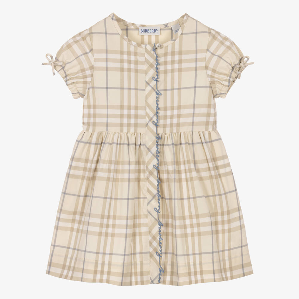 Burberry-Baby Girls Pale Beige Check Cotton Dress | Childrensalon
