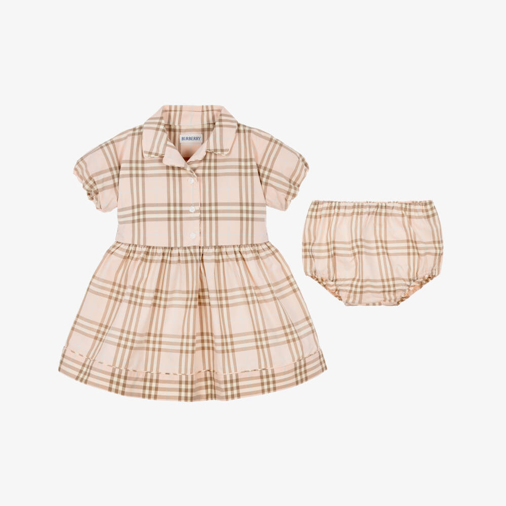 Burberry-Baby Girls Pale Pink Cotton Poplin Check Dress | Childrensalon