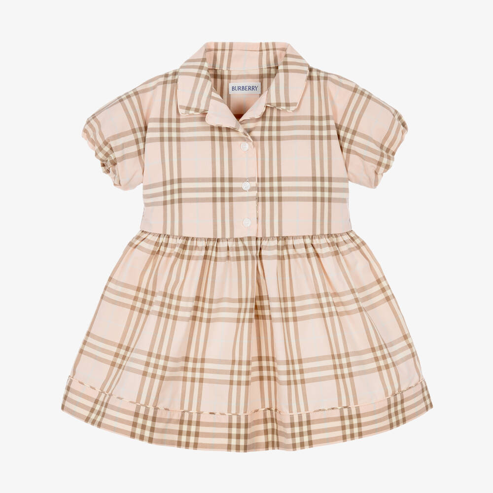 Burberry-Baby Girls Pale Pink Cotton Poplin Check Dress | Childrensalon