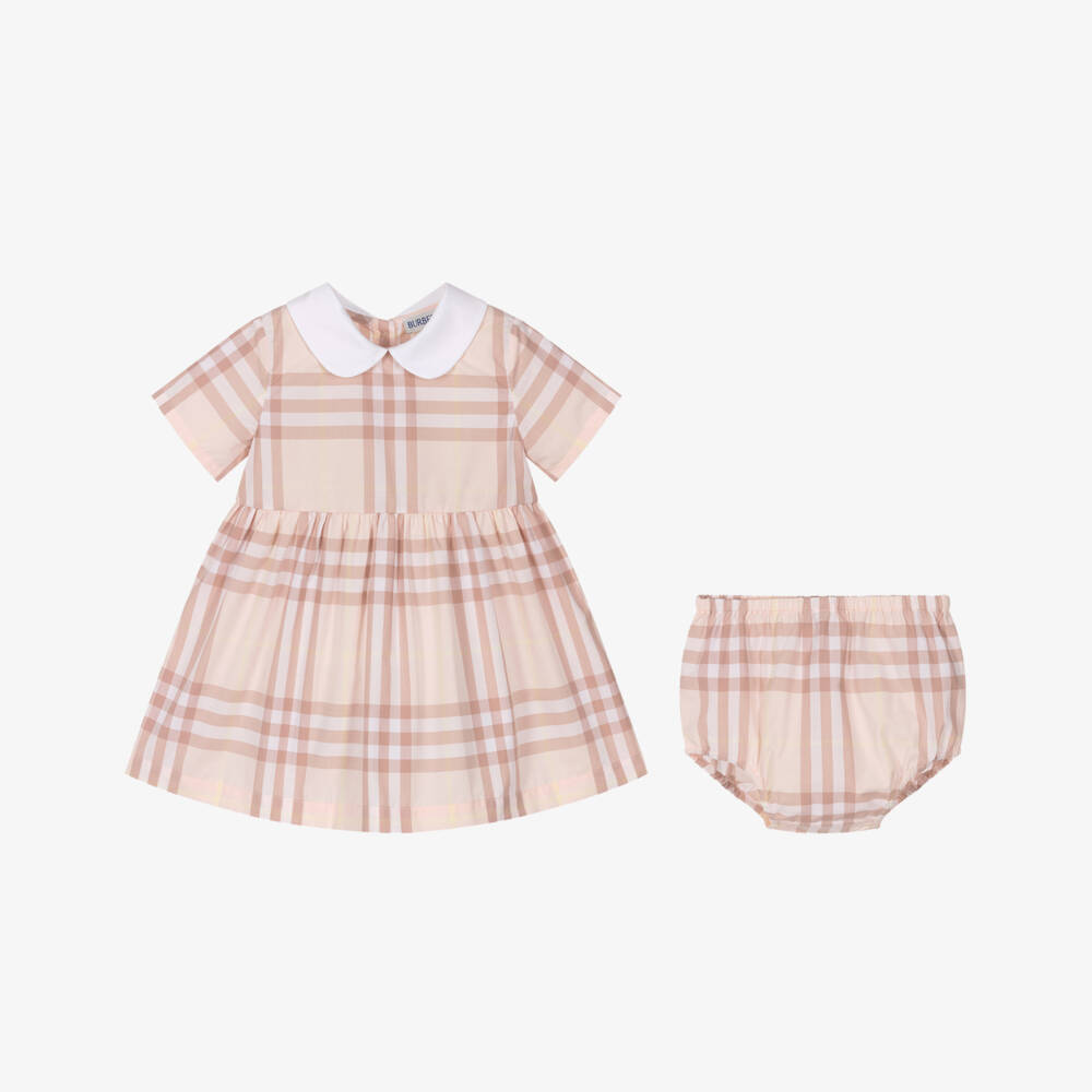 Burberry-Baby Girls Pink Check Cotton Dress with White Collar | Childrensalon