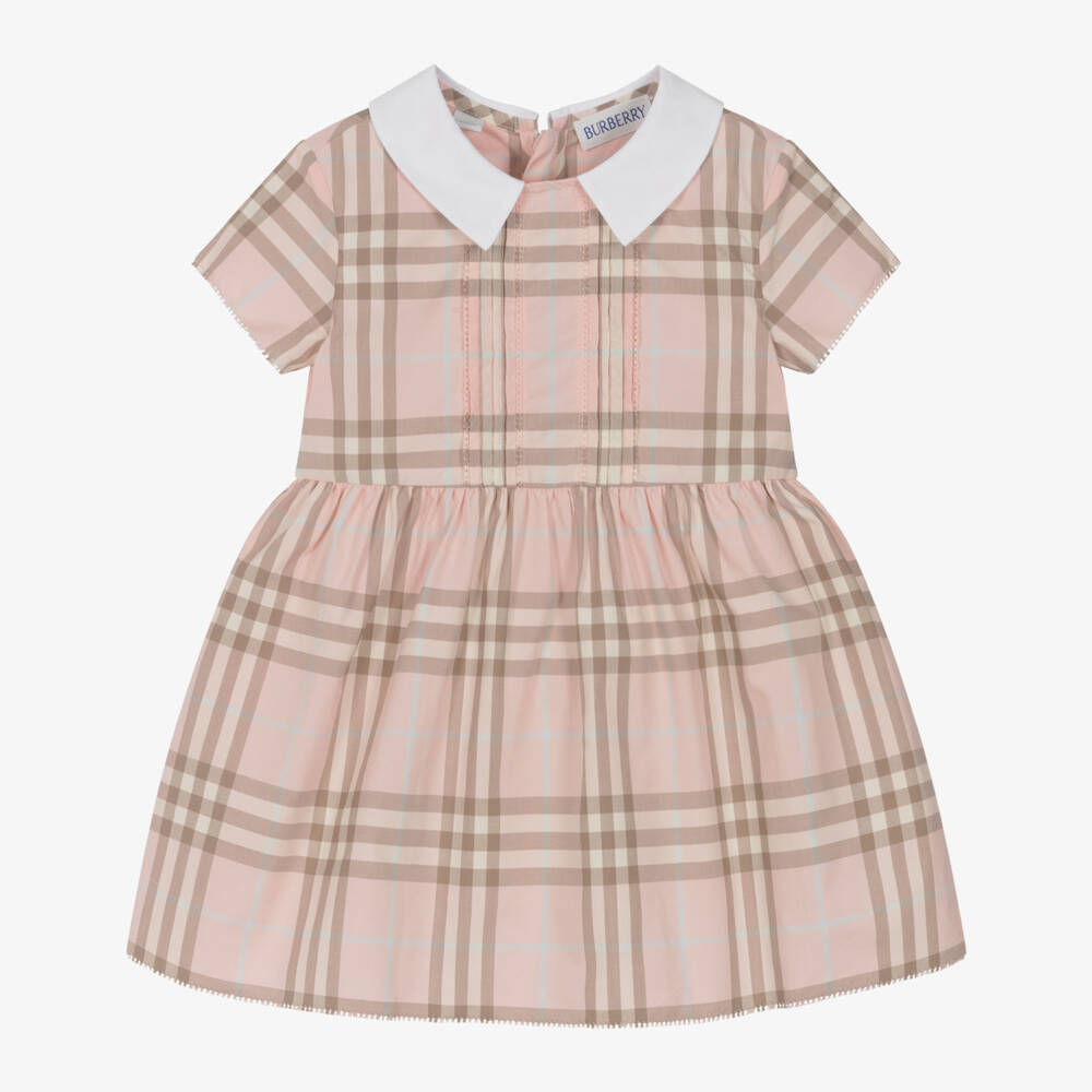 Burberry-Baby Girls Pink Check Cotton Poplin Dress | Childrensalon