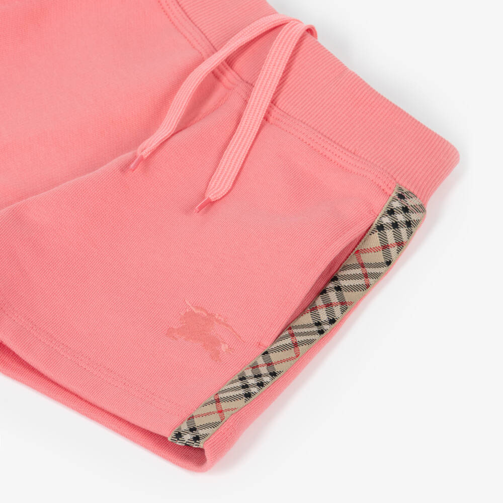 Burberry-Baby Girls Pink Cotton Jersey Shorts with Beige Check Trim | Childrensalon