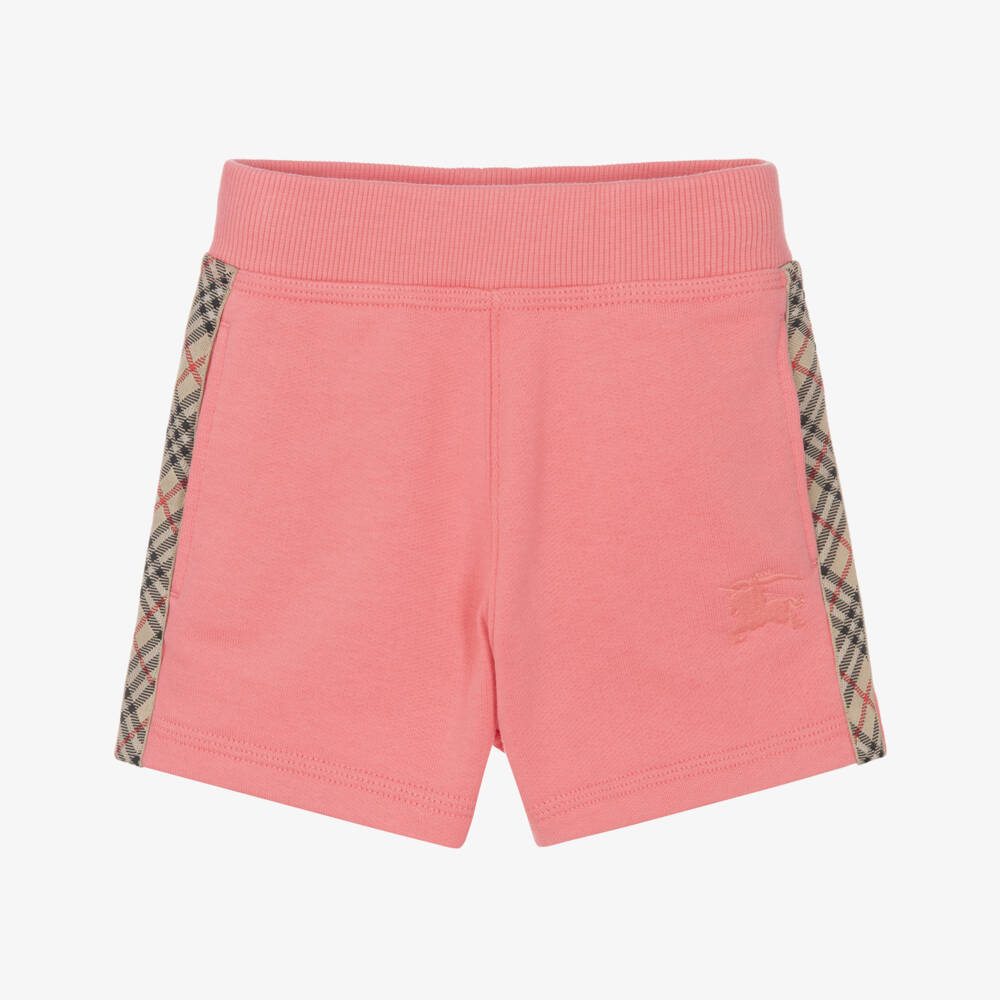 Burberry-Baby Girls Pink Cotton Jersey Shorts with Beige Check Trim | Childrensalon