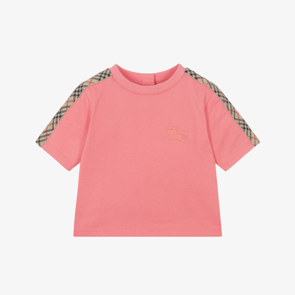 Burberry-Baby Girls Pink Cotton T-Shirt with Beige Check Trim | Childrensalon