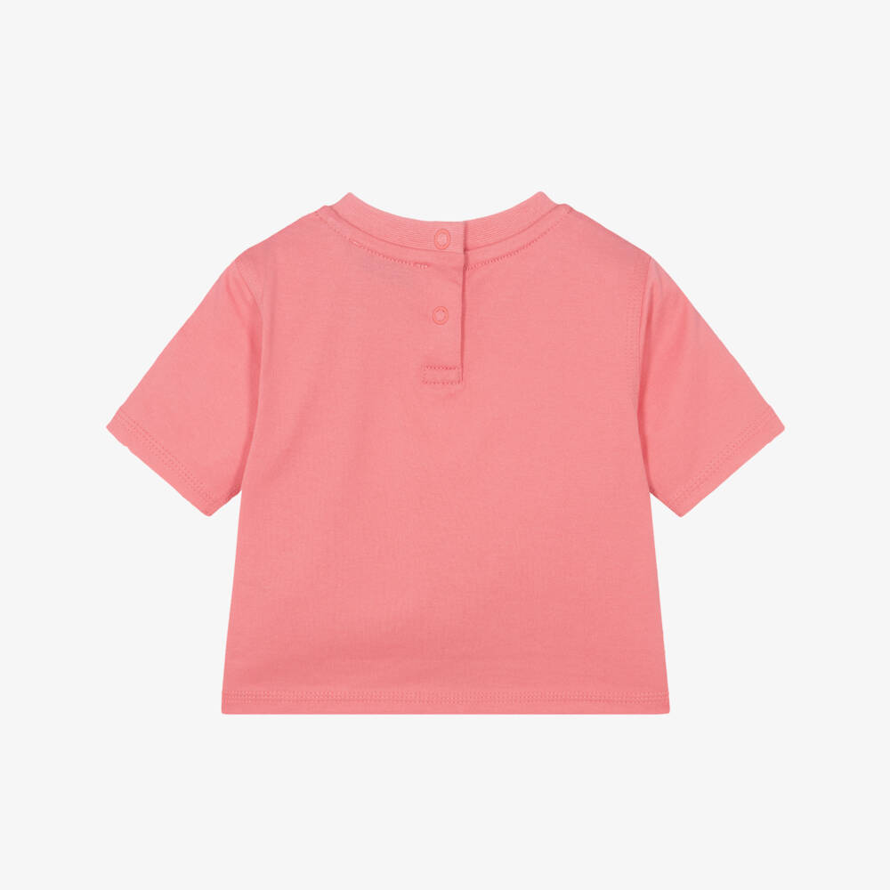 Burberry-Baby Girls Pink Cotton T-Shirt with Beige Check Trim | Childrensalon