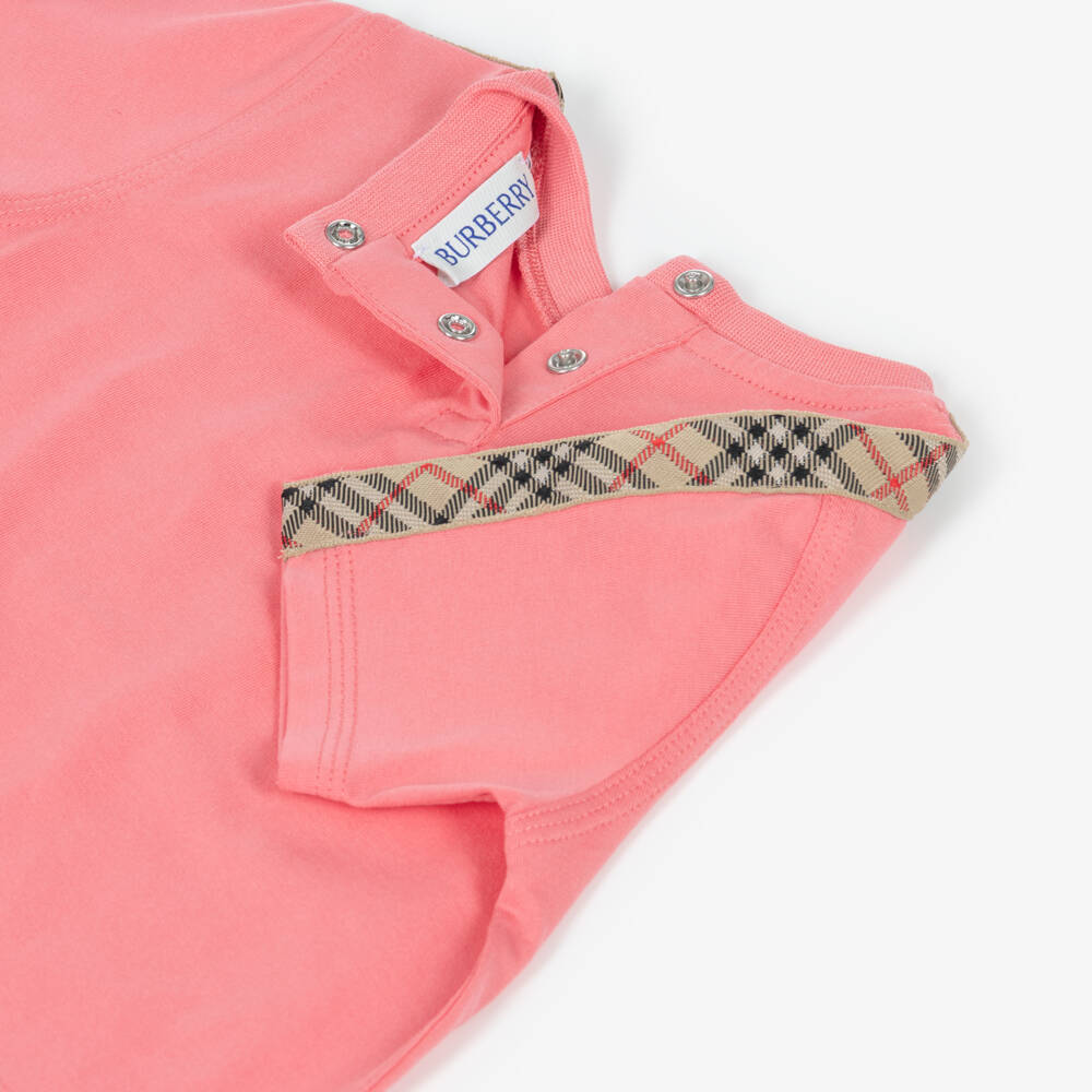 Burberry-Baby Girls Pink Cotton T-Shirt with Beige Check Trim | Childrensalon