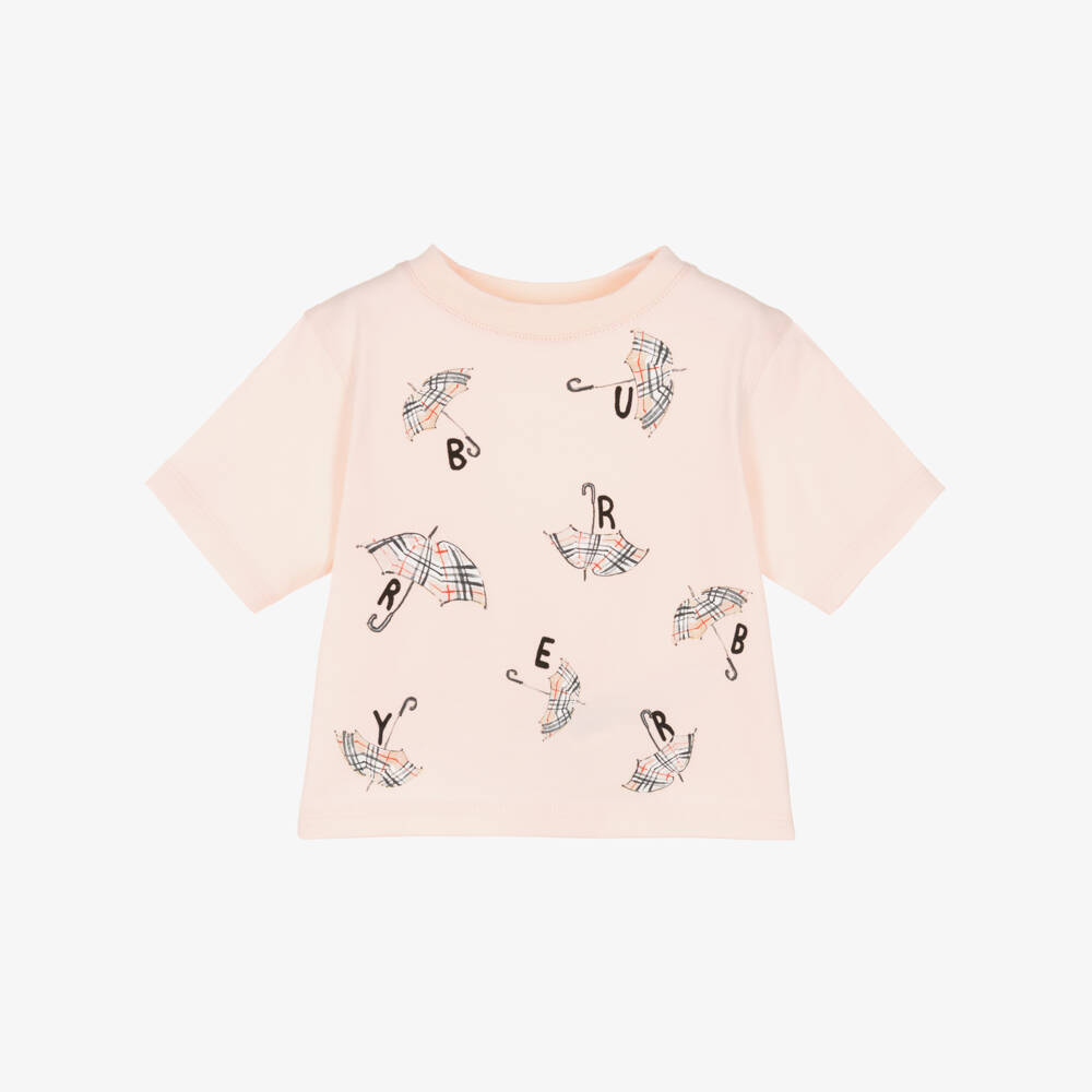 Burberry-Baby Girls Pink Cotton T-Shirt with Umbrella Print | Childrensalon