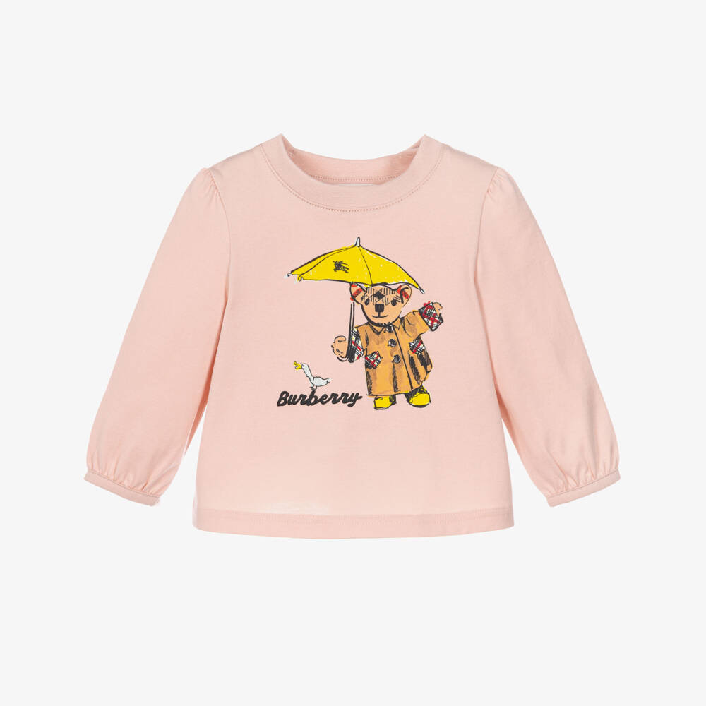 Burberry-Baby Girls Pink Cotton Top with Rainy Day Thomas Bear | Childrensalon