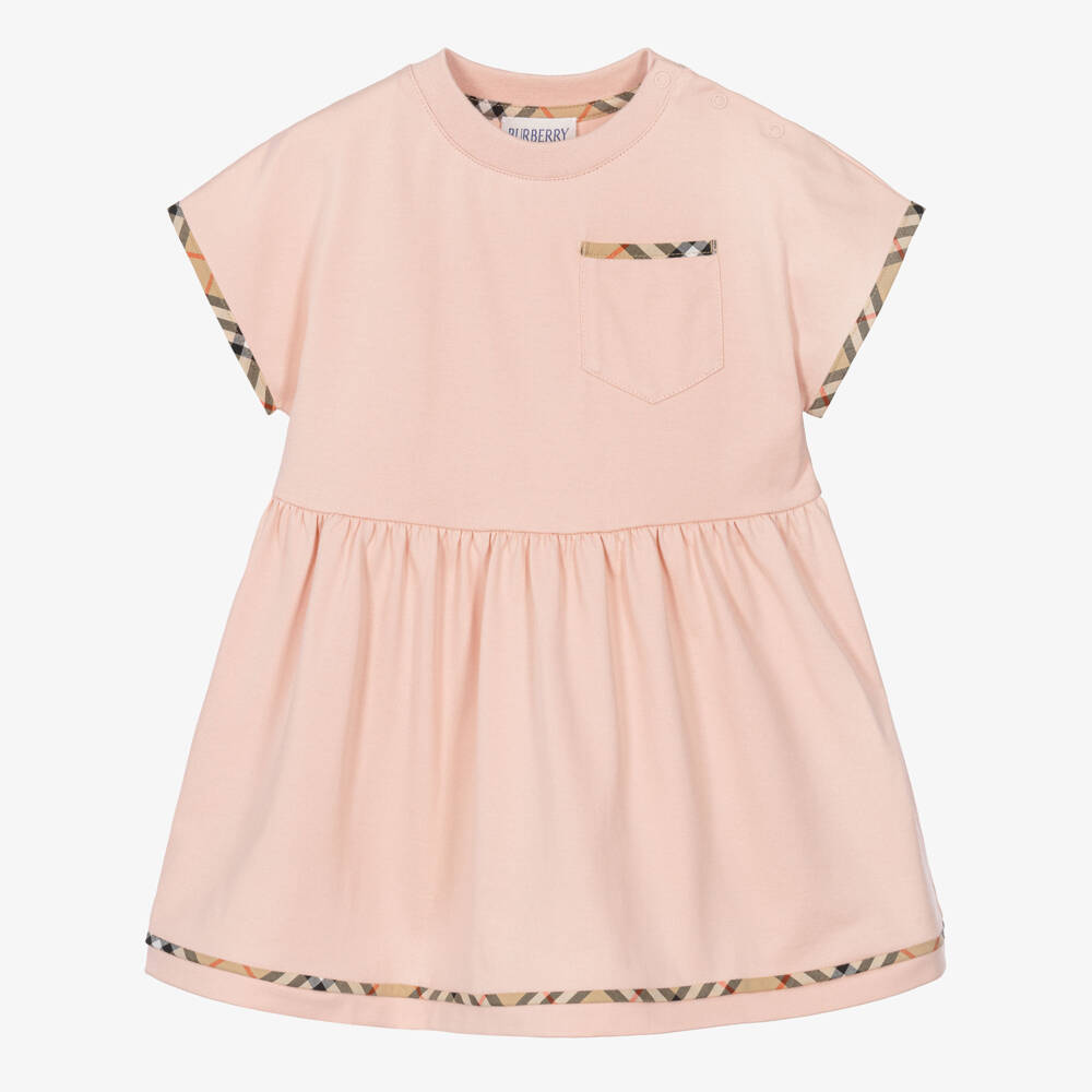 Burberry-Baby Girls Pink Jersey Dress with Burberry Check | Childrensalon