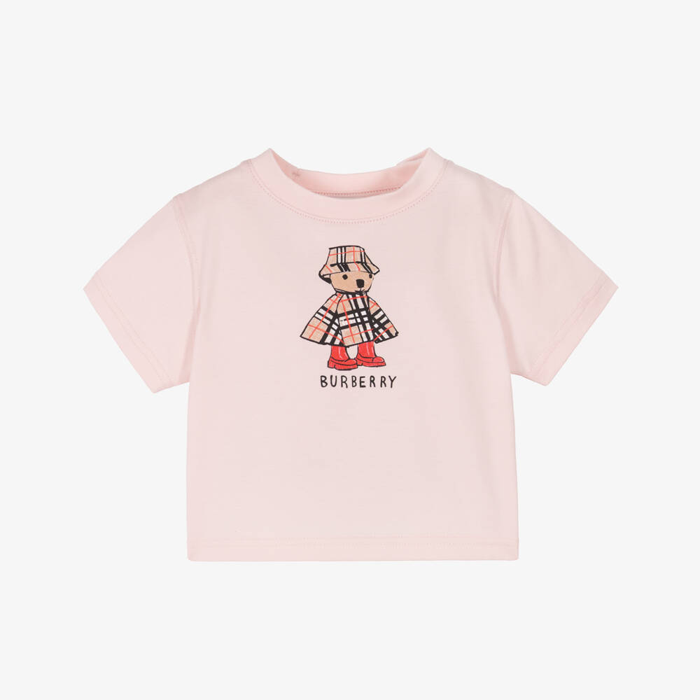Burberry-Baby Girls Pink Rainy Day Bear Cotton T-Shirt | Childrensalon