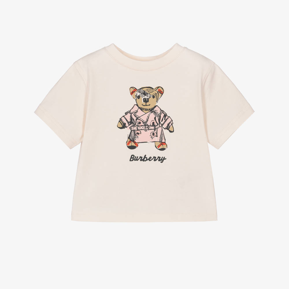 Burberry-Baby Girls Pink T-Shirt with Trench Coat Bear | Childrensalon