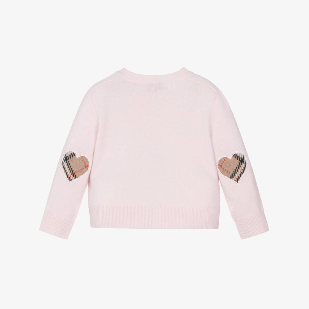 Burberry-Baby Girls Pink Wool Cardigan with Check Buttons & Elbow Patches | Childrensalon