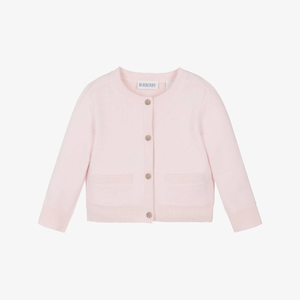 Burberry-Baby Girls Pink Wool Cardigan with Check Buttons & Elbow Patches | Childrensalon