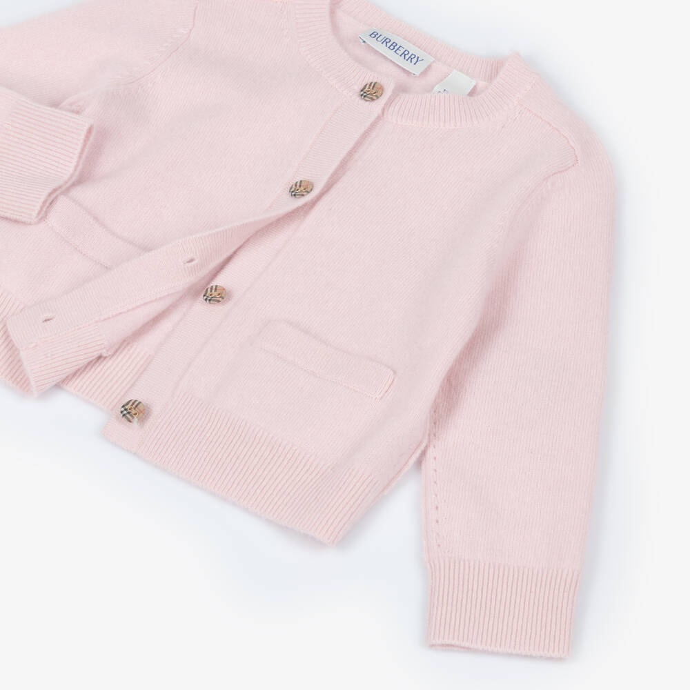Burberry-Baby Girls Pink Wool Cardigan with Check Buttons & Elbow Patches | Childrensalon