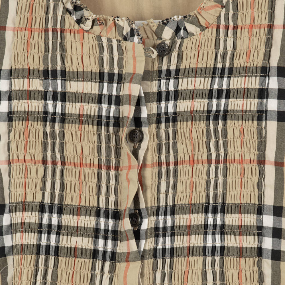 Burberry-Baby Girls Shirred Beige Check Cotton Dress | Childrensalon