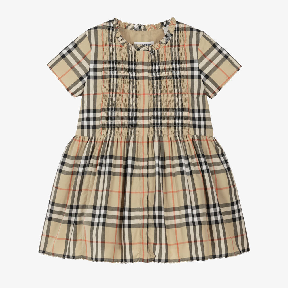 Burberry-Baby Girls Shirred Beige Check Cotton Dress | Childrensalon