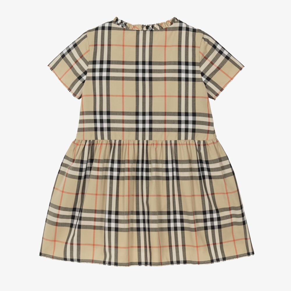 Burberry-Baby Girls Shirred Beige Check Cotton Dress | Childrensalon