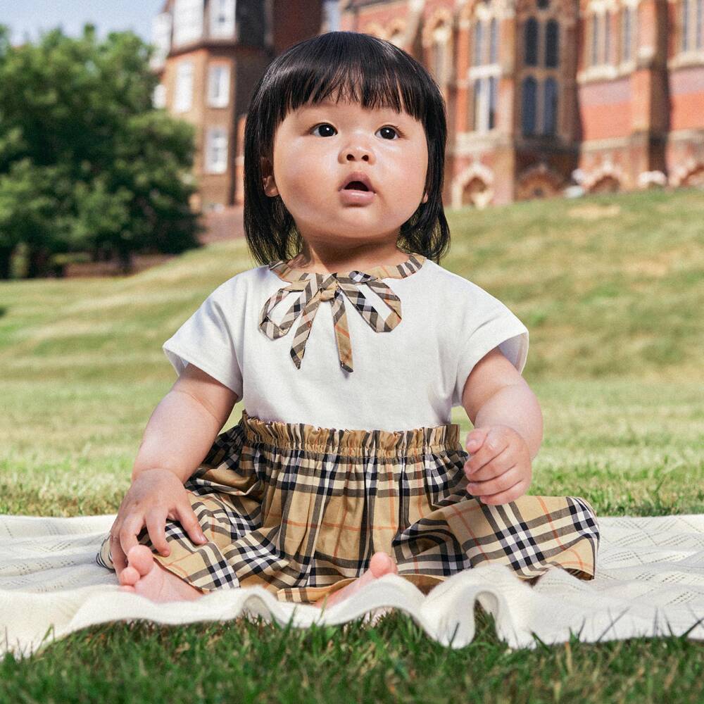 Burberry-Baby Girls White & Beige Burberry Check Dress | Childrensalon