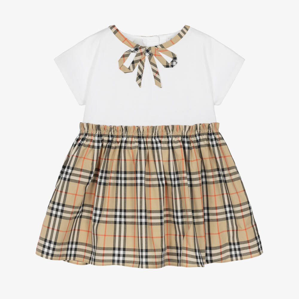 Burberry-Baby Girls White & Beige Burberry Check Dress | Childrensalon