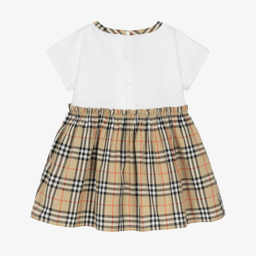 Burberry-Baby Girls White & Beige Burberry Check Dress | Childrensalon
