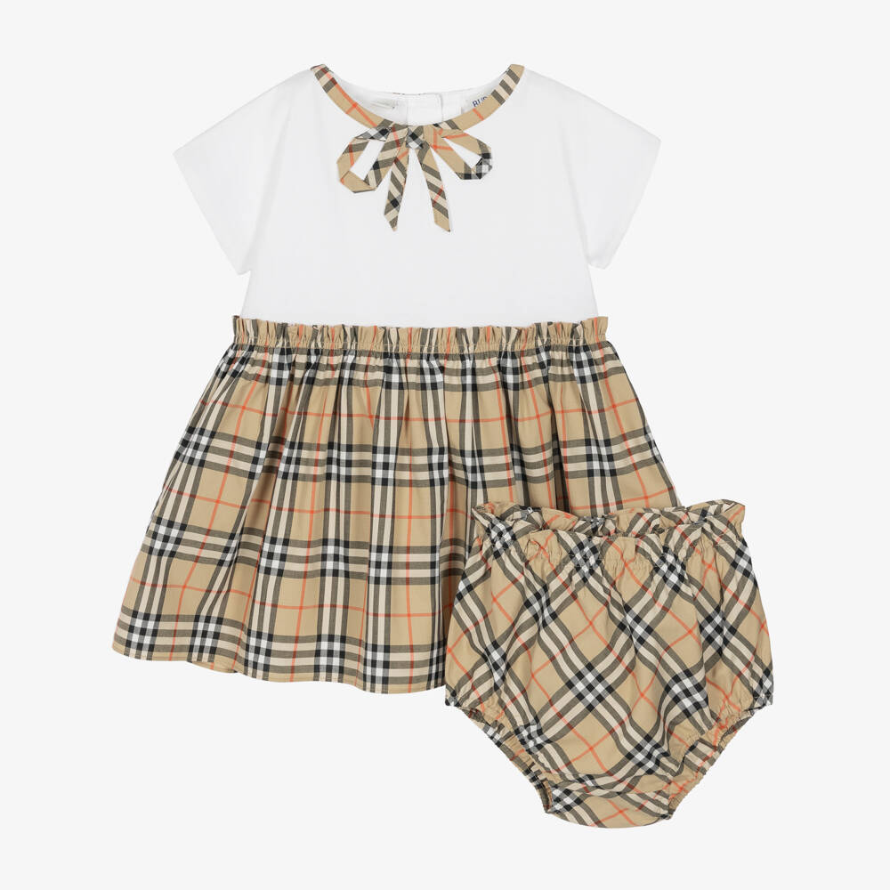 Burberry-Baby Girls White & Beige Burberry Check Dress | Childrensalon