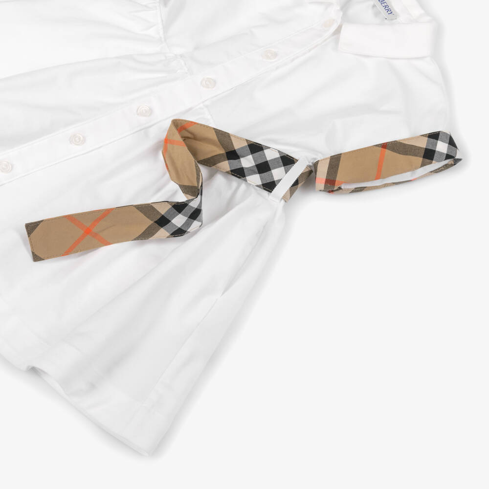 Burberry-Baby Girls White Cotton Dress with Burberry Check Belt | Childrensalon