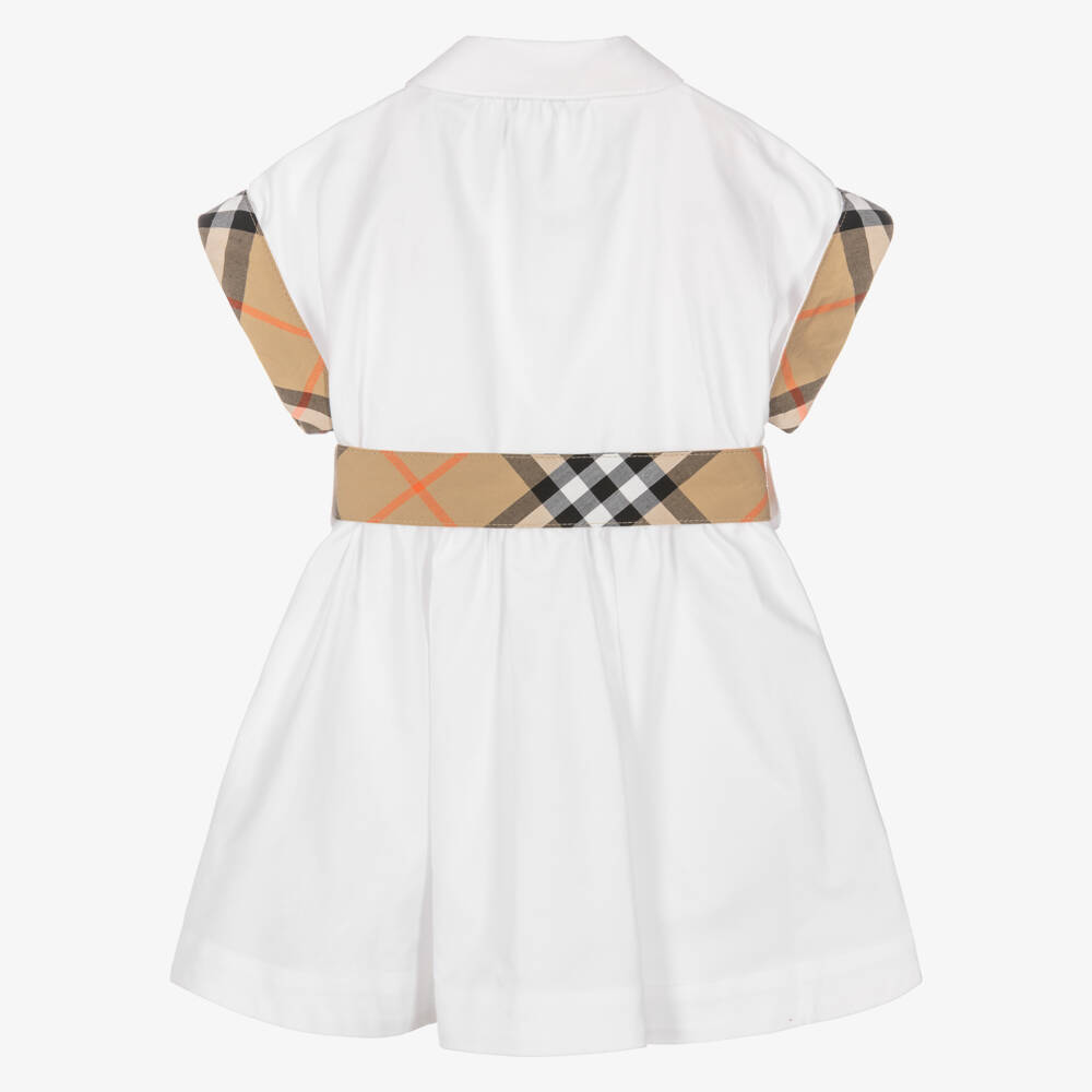 Burberry-Baby Girls White Cotton Dress with Burberry Check Belt | Childrensalon