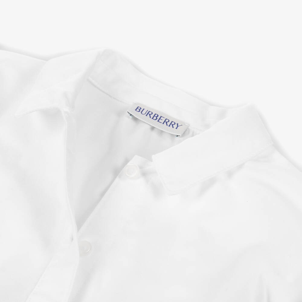 Burberry-Baby Girls White Cotton Dress with Burberry Check Belt | Childrensalon