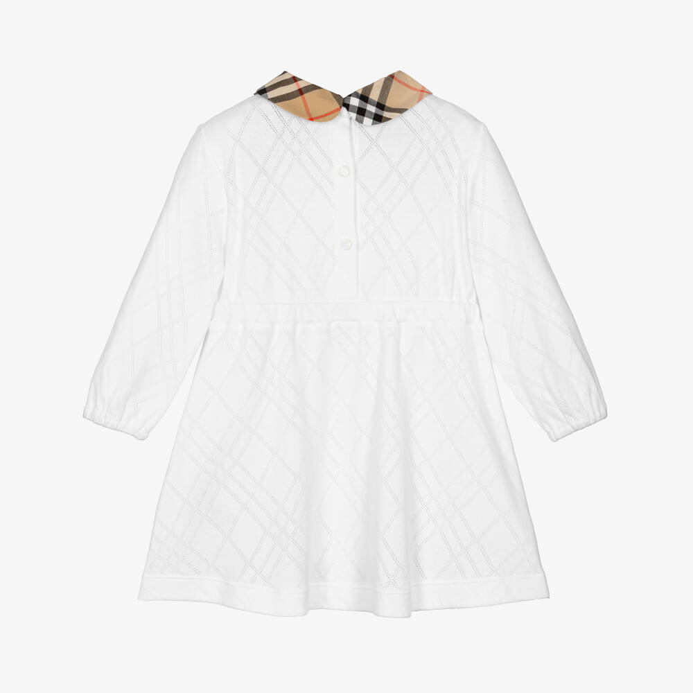 Burberry-Baby Girls White Cotton Dress with Burberry Check Collar | Childrensalon