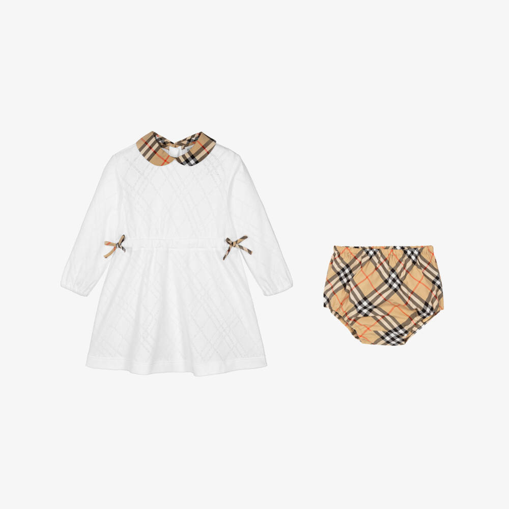 Burberry-Baby Girls White Cotton Dress with Burberry Check Collar | Childrensalon