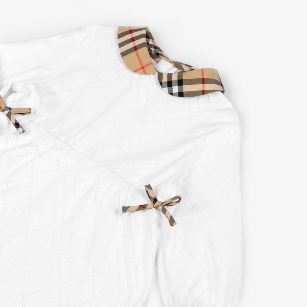 Burberry-Baby Girls White Cotton Dress with Burberry Check Collar | Childrensalon