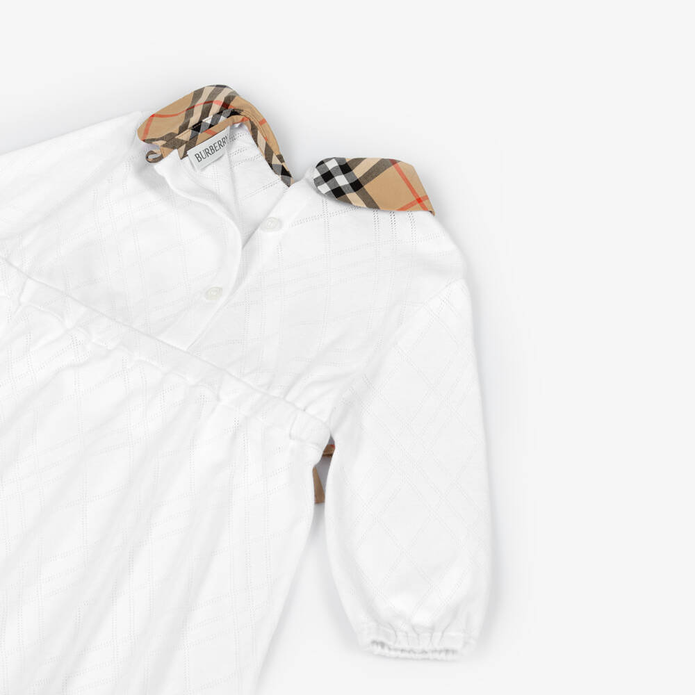 Burberry-Baby Girls White Cotton Dress with Burberry Check Collar | Childrensalon