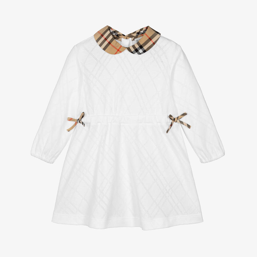 Burberry-Baby Girls White Cotton Dress with Burberry Check Collar | Childrensalon
