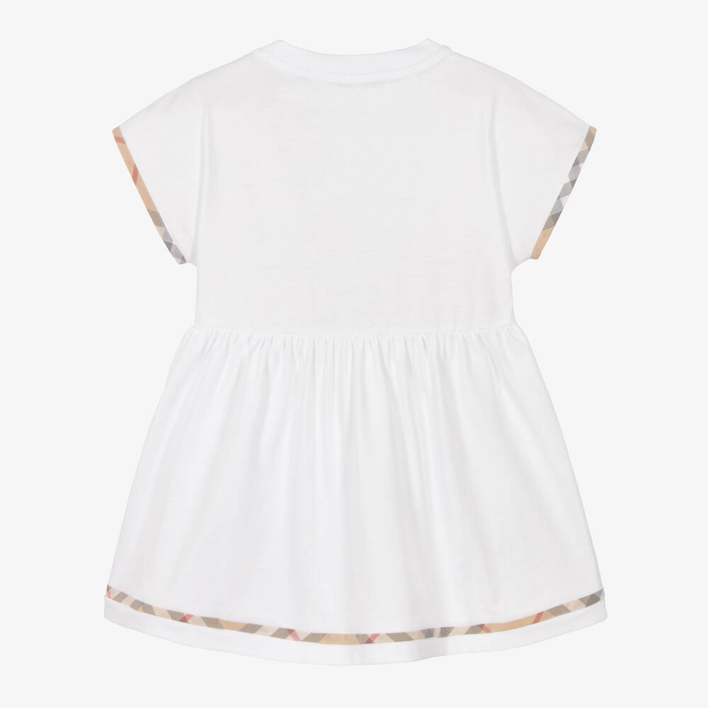 Burberry-Baby Girls White Cotton Jersey Dress with Check Trims | Childrensalon