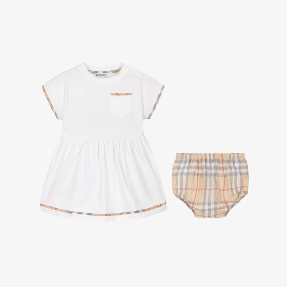 Burberry-Baby Girls White Cotton Jersey Dress with Check Trims | Childrensalon