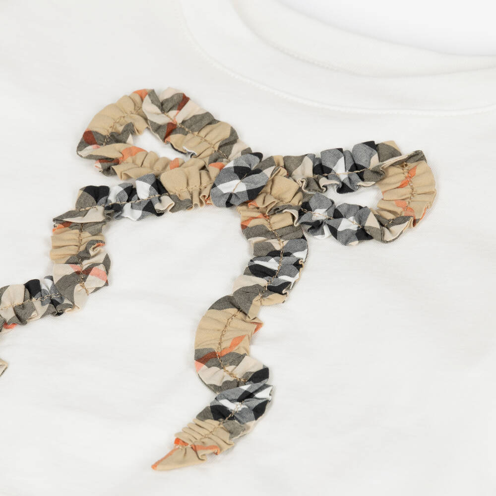 Burberry-Baby Girls White Cotton T-Shirt with Check Bow | Childrensalon