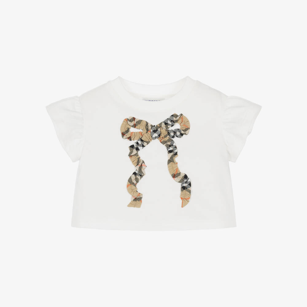 Burberry-Baby Girls White Cotton T-Shirt with Check Bow | Childrensalon