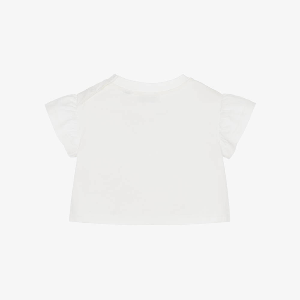 Burberry-Baby Girls White Cotton T-Shirt with Check Bow | Childrensalon