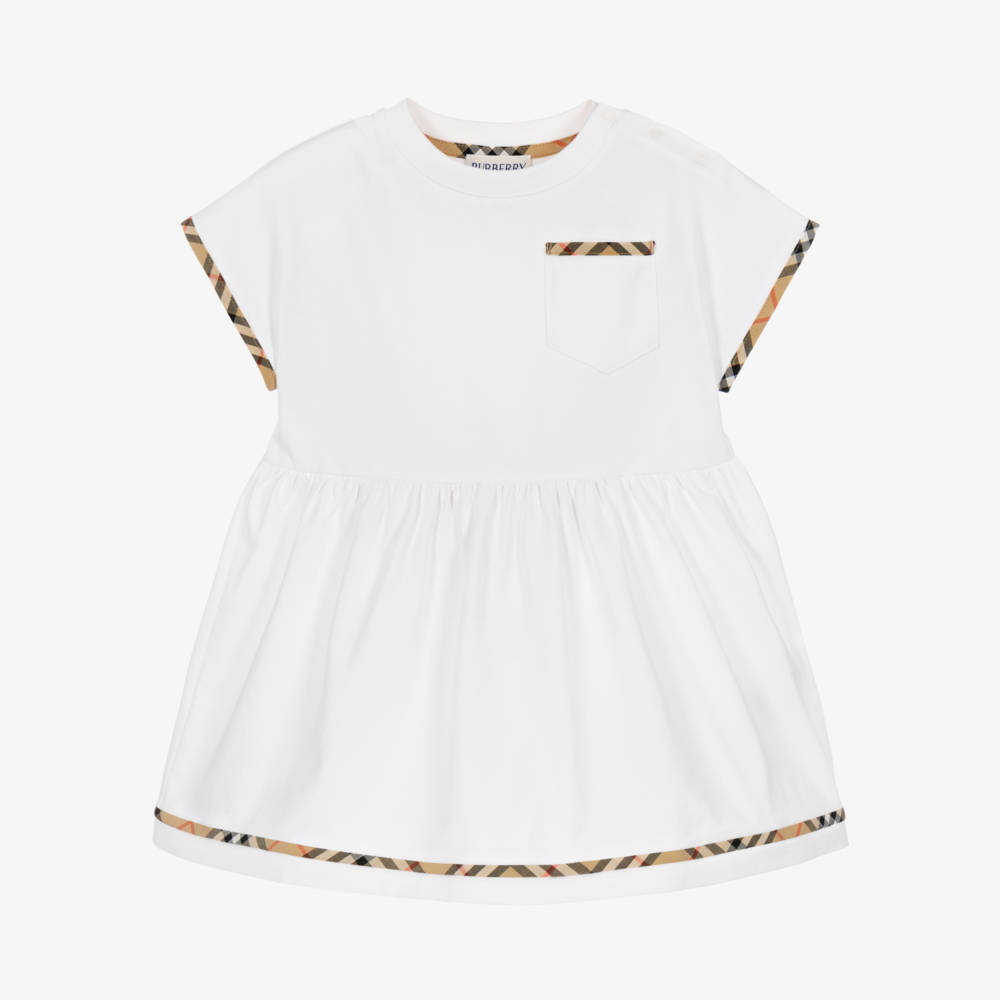 Burberry-Baby Girls White Jersey Dress with Burberry Check | Childrensalon