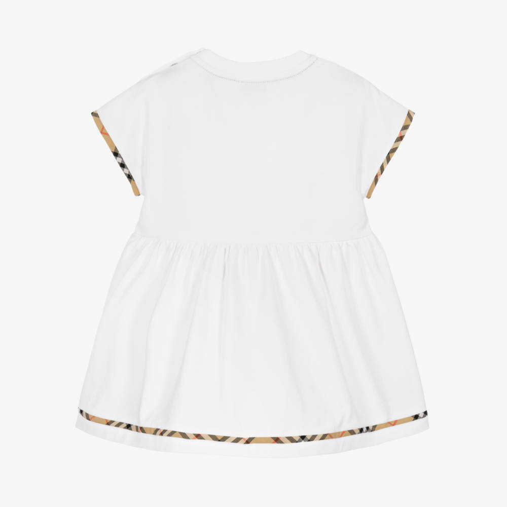 Burberry-Baby Girls White Jersey Dress with Burberry Check | Childrensalon