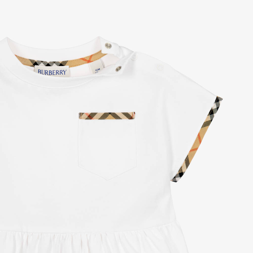 Burberry-Baby Girls White Jersey Dress with Burberry Check | Childrensalon