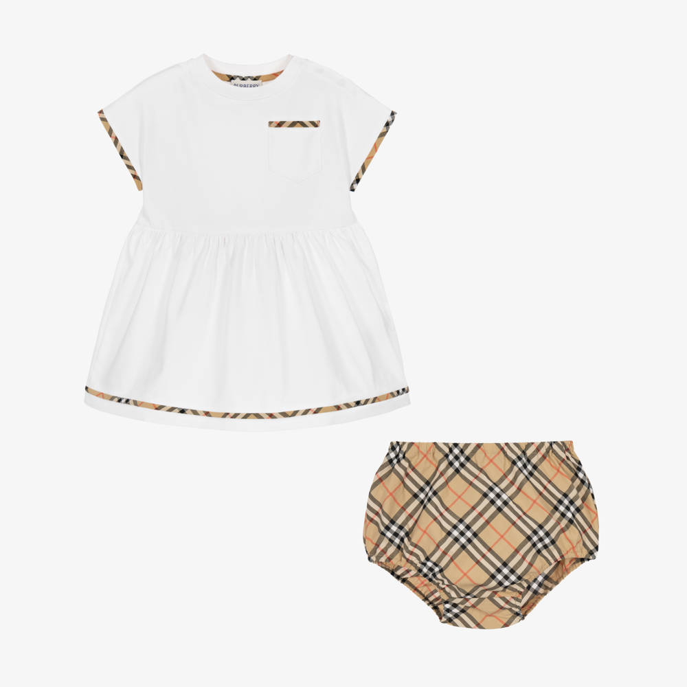 Burberry-Baby Girls White Jersey Dress with Burberry Check | Childrensalon